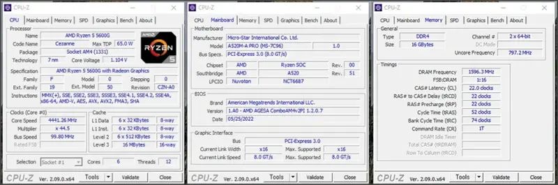 CPU-Z CPU, 메인보드, 메모리 정보