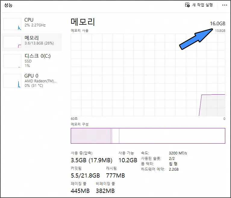 가상 메모리 최적화 (사용 중인 PC RAM 확인)