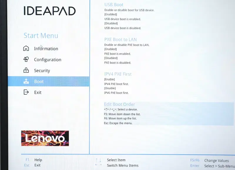 프리도스 노트북 UEFI(BIOS) 화면 - 레노버