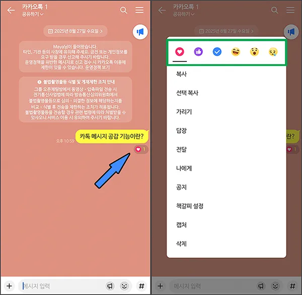 카톡 메시지 공감 기능