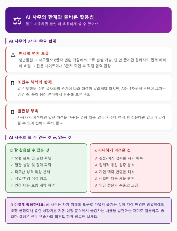 AI 사주 한계와 올바른 활용법 인포그래픽